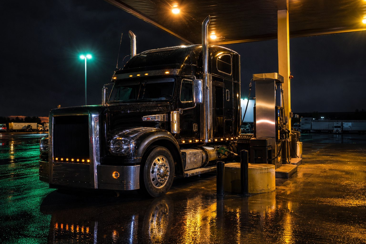 Chrome trimmed tractor fueling at a truck stop diesel island at night under amber canopy lights on wet asphalt