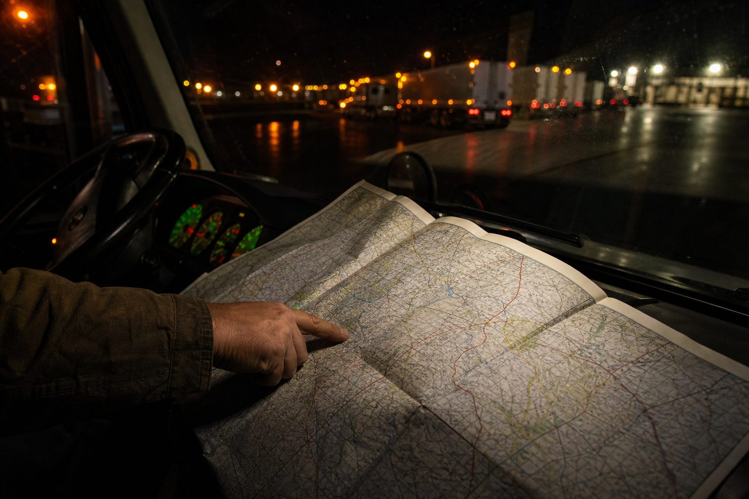 Open road atlas on a truck dashboard at night with a hand tracing a route under green instrument glow