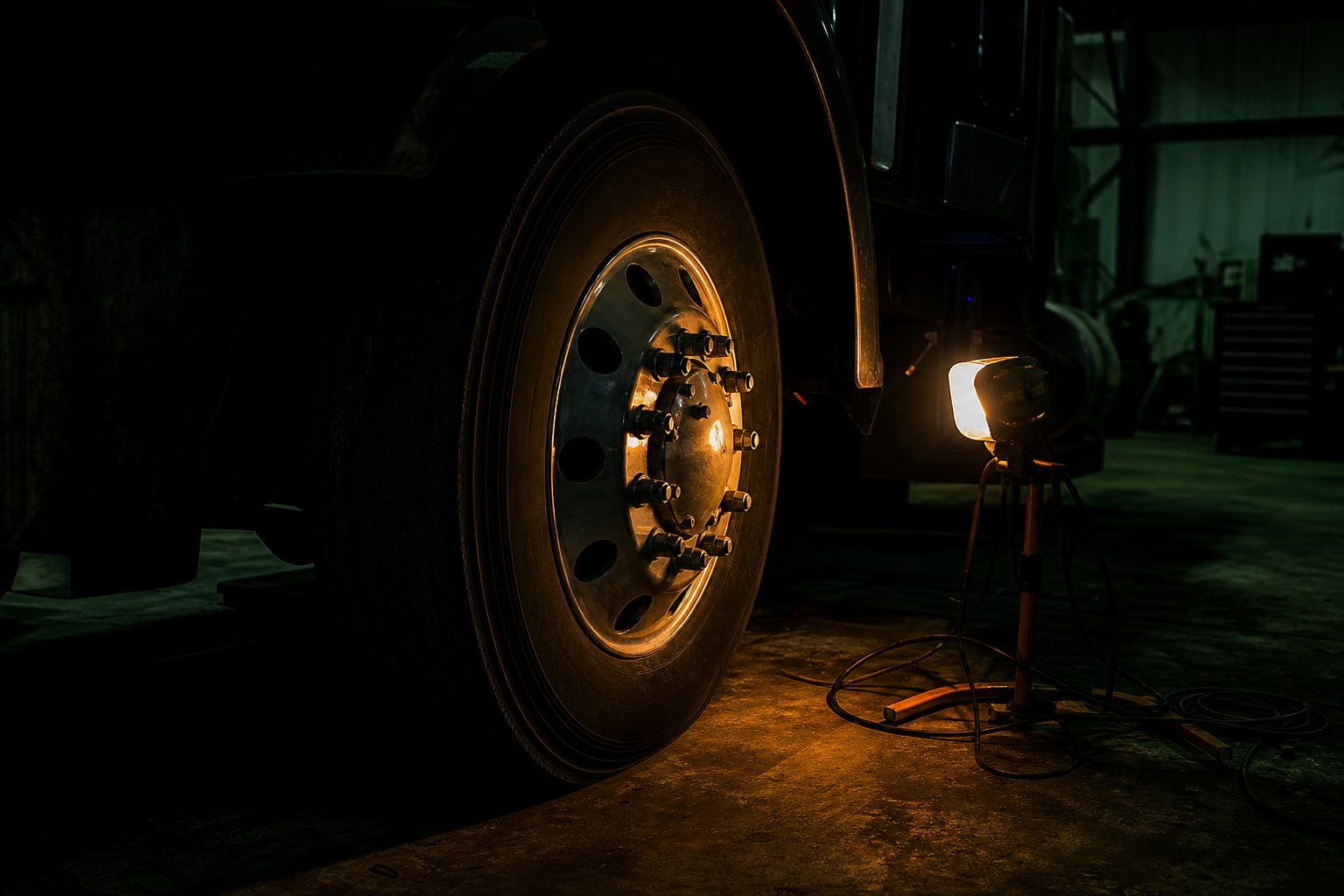 Work light on a truck steer tire and chrome wheel in a dark shop bay with amber lamp glow