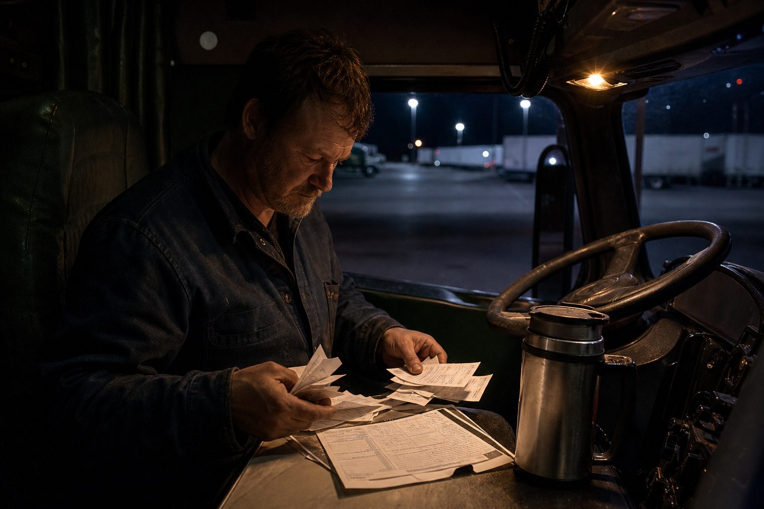 Driver sorting fuel receipts and a paper trip sheet at a truck stop booth under a low amber lamp at night