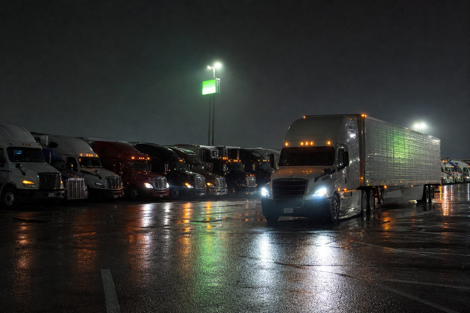 Tractor trailer easing into the last open space in a crowded truck stop lot after dark
