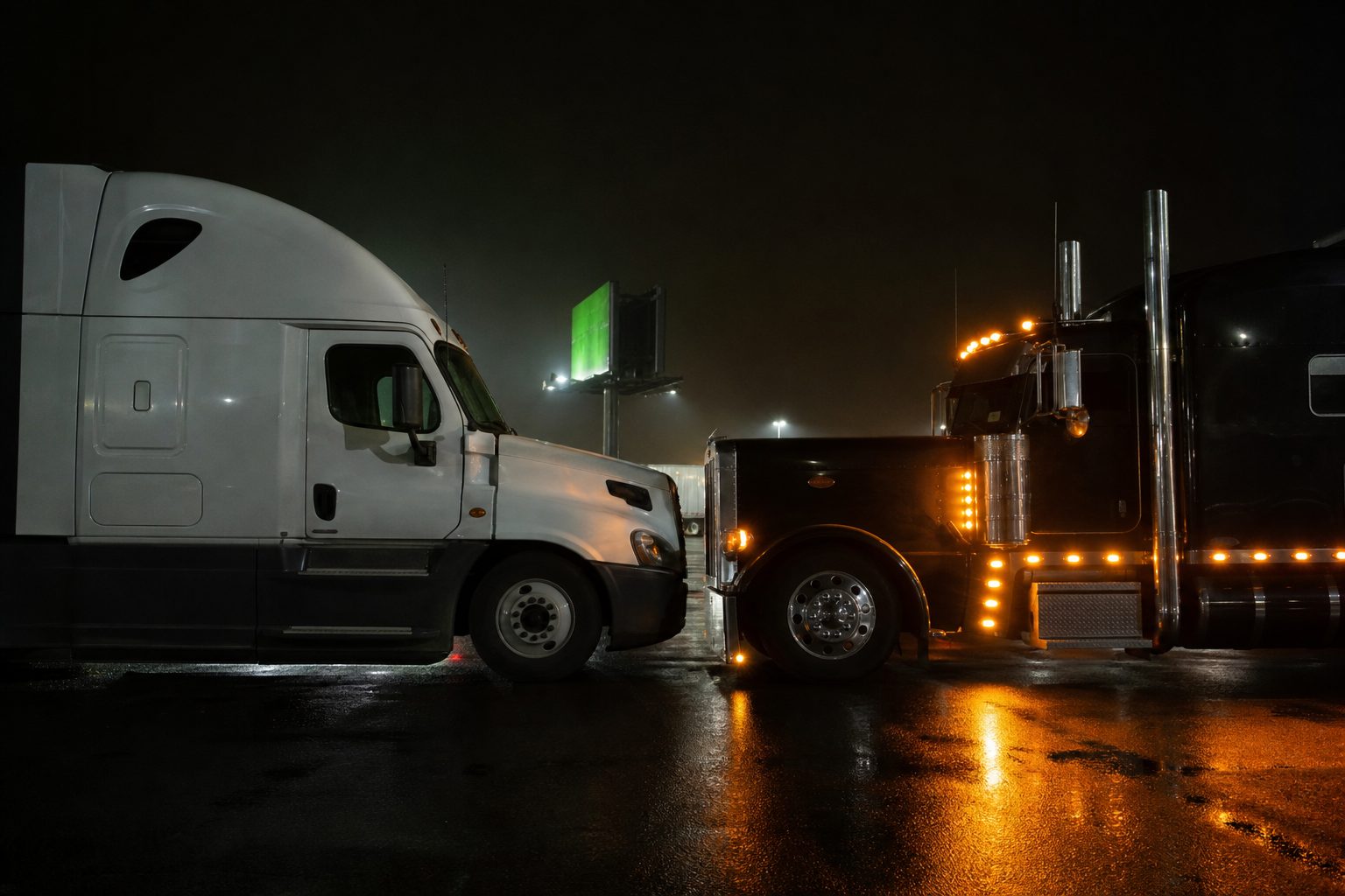 Two sleeper tractors parked nose to nose on dark asphalt at night with amber marker lights glowing