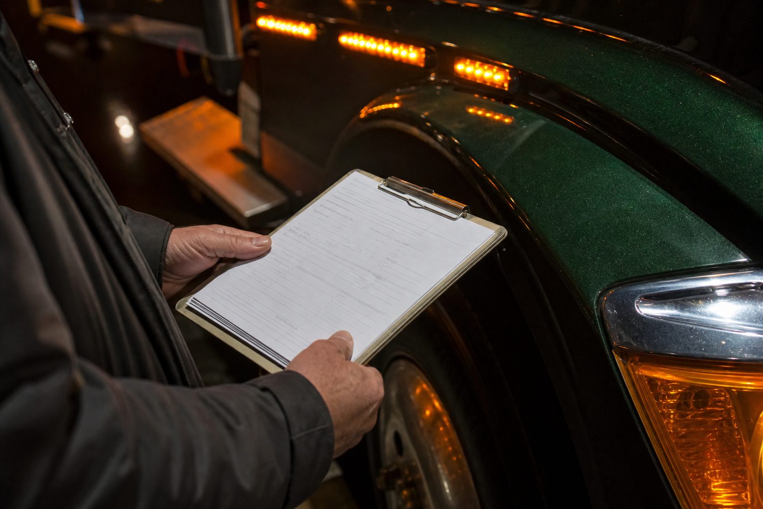 Driver's hands holding a clipboard of load paperwork against a truck fender under amber lights at night