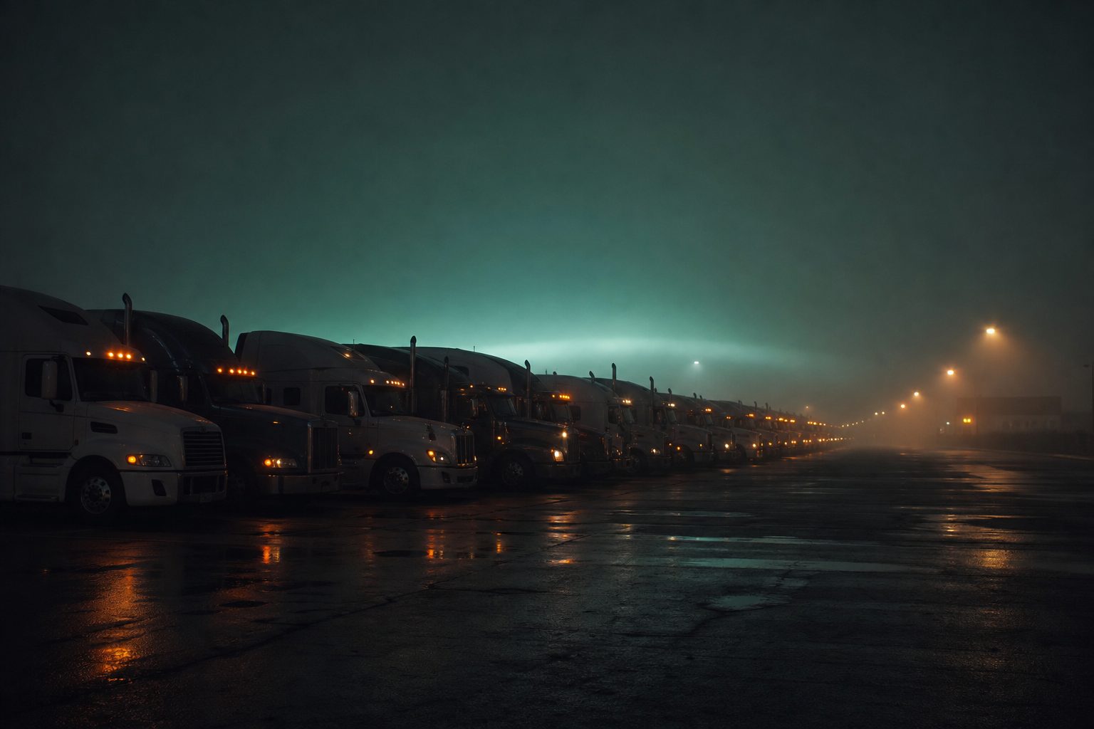 Rows of parked tractor trailers before dawn with amber marker lights fading into fog over wet asphalt