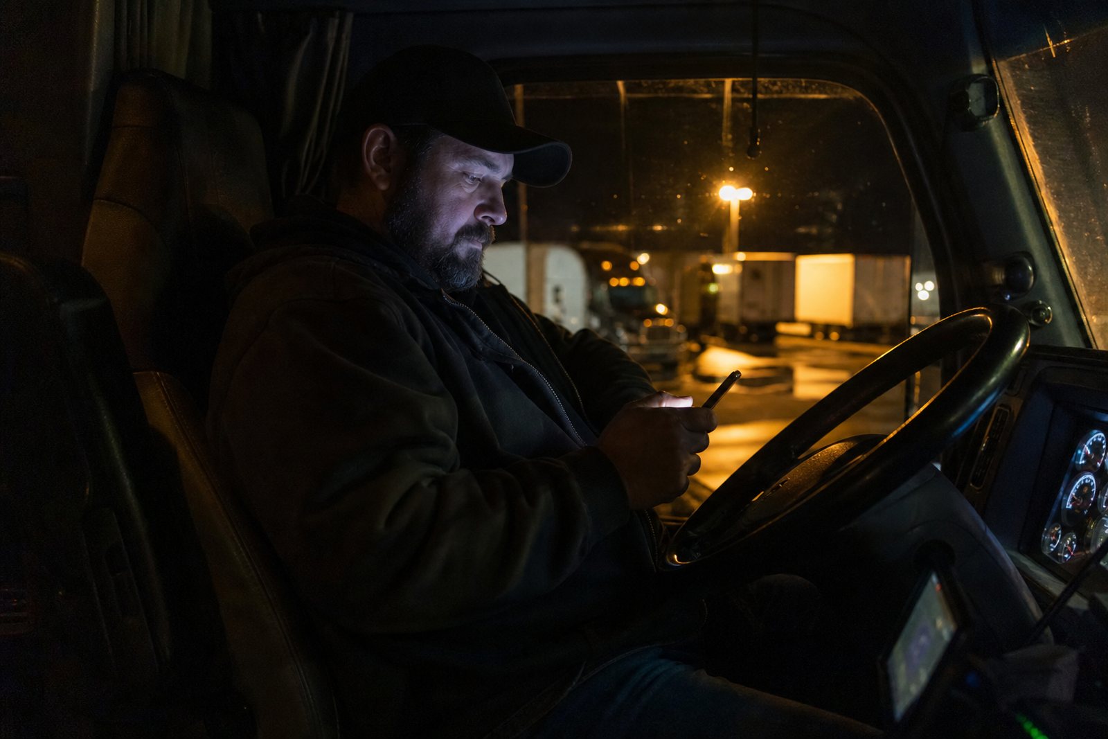 Owner operator checking load numbers on a phone in the cab of a semi truck at a truck stop at night