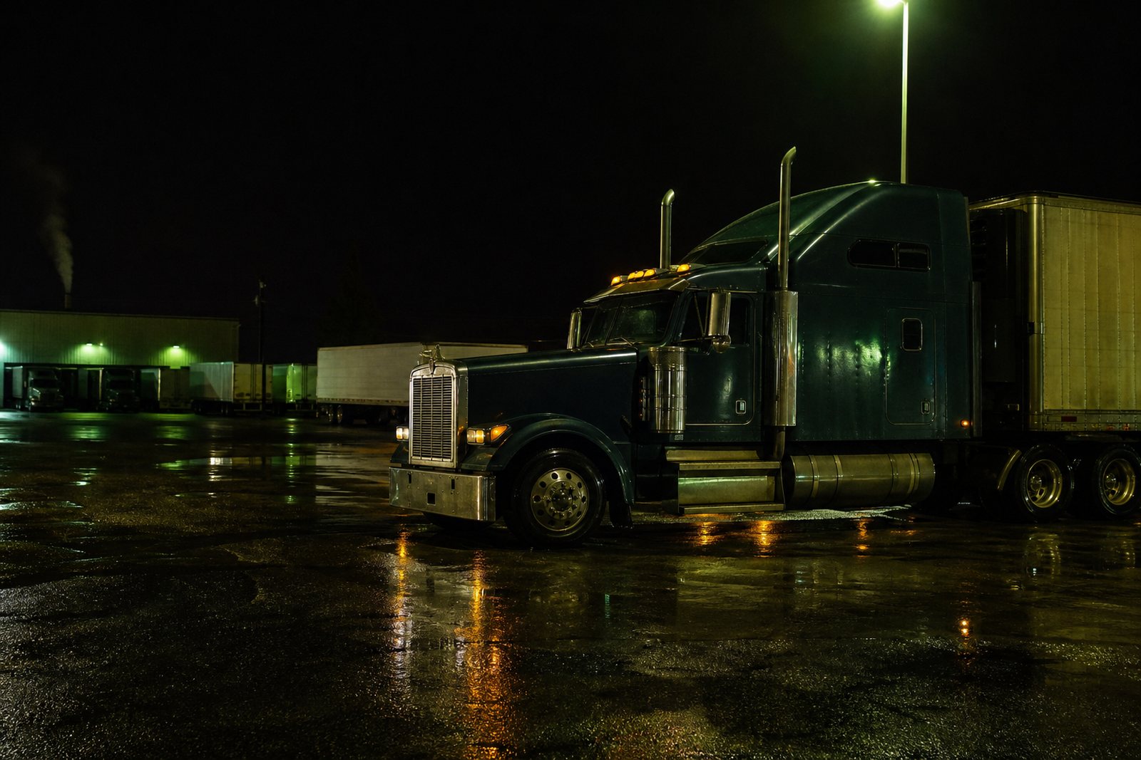 Semi truck parked on wet asphalt at a lit truck stop at night with amber lot lights reflecting